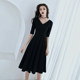 2024 spring new black A-line dress V-neck 7-point long-sleeved temperament slimming Hepburn style little black dress long