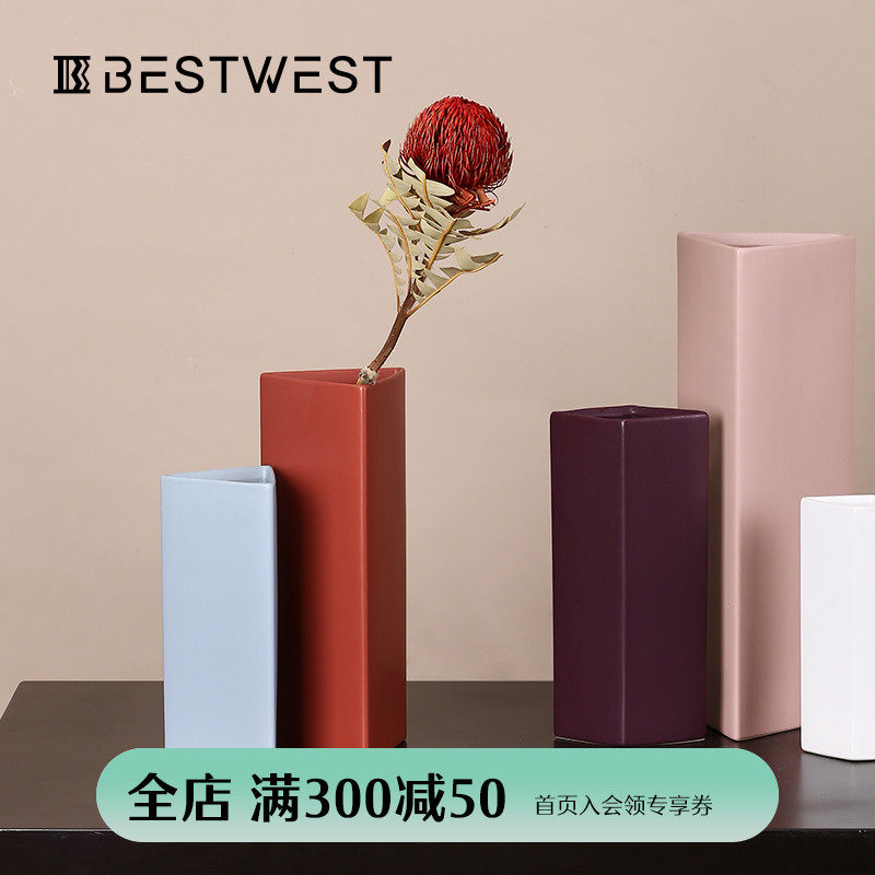 BEST WEST TRIANGULAR CERAMIC Vase DECORATION Morandi color DRIED flower flower arrangement bottle Nordic living ROOM ORNAMENT