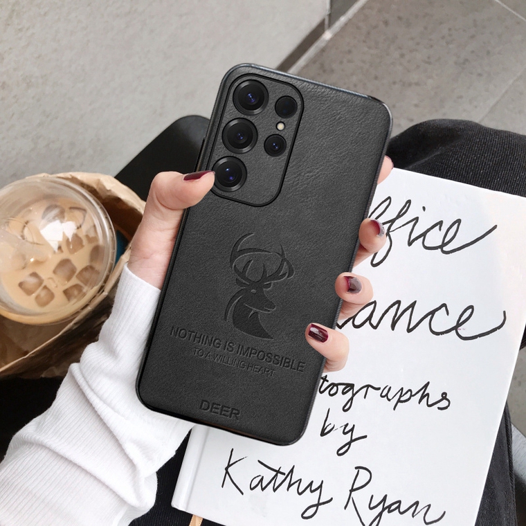 Embossed Stag Black DEER Leather Motivational Quote Samsung Phone Case