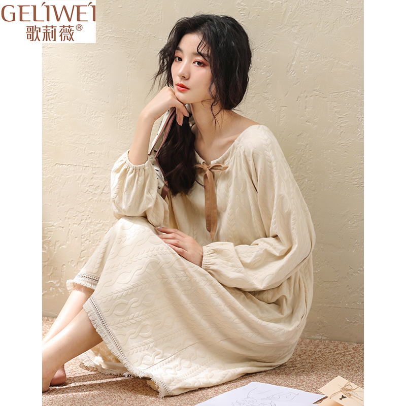 Lady Sleeping Dress Spring Autumn Season Pure Cotton Long Sleeves Senior Sensation In Long Version Home Conserved Sweet Princess Wind Loose Sleepwear Summer