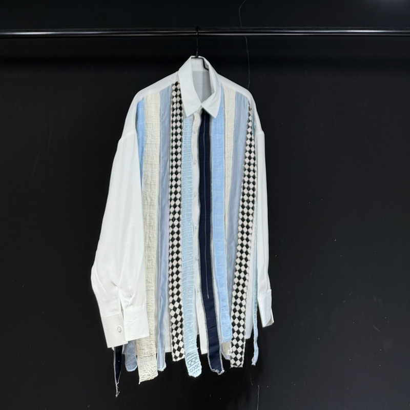 Wooster Eugene Original Design Patchwork Striped Shirt Men's Loose Long-Sleeved Shirt Blue Patchwork Wooster Eugene Original Design Patchwork Striped Shirt Men's Loose Long-Sleeved Shirt Blue Patchwork