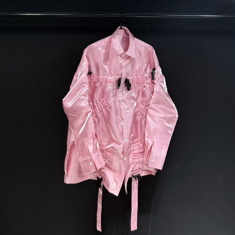 Wooster Eugene High Street Style Pink Glossy Shirt for Men, Loose Long-Sleeved Design with Ribbon Wooster Eugene High Street Style Pink Glossy Shirt for Men, Loose Long-Sleeved Design with Ribbon