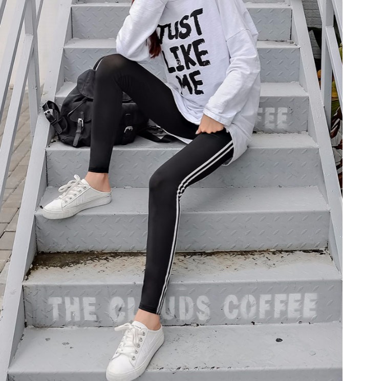 Quần legging nữ mặc sọc dọc mùa thu eo thon eo cao bên hông dải trắng co giãn kích thước lớn song song thanh phương thức chân quần quần áo nữ đẹp