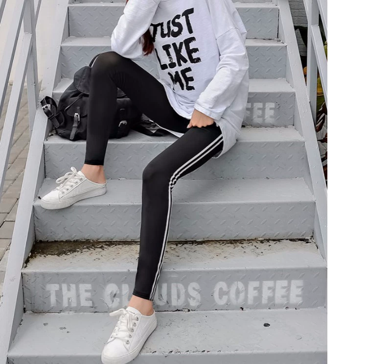 Quần legging nữ mặc sọc dọc mùa thu eo thon eo cao bên hông dải trắng co giãn kích thước lớn song song thanh phương thức chân quần