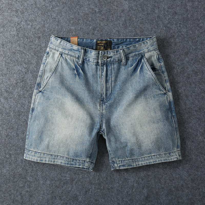 Summer Pure Cotton Three-Quarter Jeans for Men, American Retro Washed Trendy Slim Straight Casual Shorts for Boys