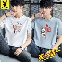 Flowers Playboy men short sleeves T-shirt Chinese Wind trendy round collar half sleeves Shirt Pure Cotton Summer New Blouse