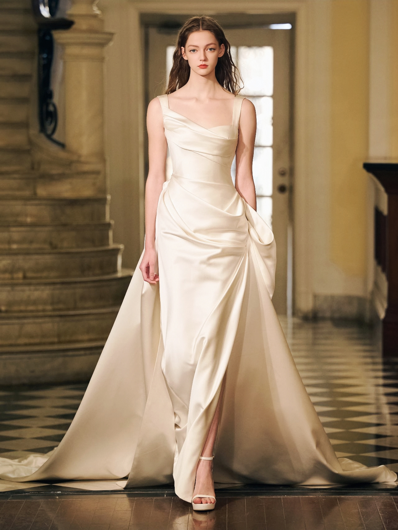 Superior Feeling Satin-Needle Wedding Bride Simple Mental Fish Tail Out Yards Welcome Dressing