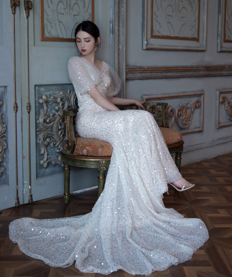 French star fishtail light wedding dress outdoor luxury engagement evening dress skirt temperament is thin and small trailing welcome toast