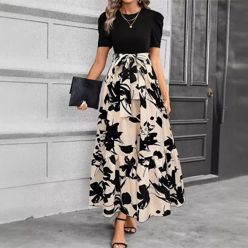 Printed Elegant Dress European and American Women's Floral Print High-Waisted Fashionable and Elegant Dress