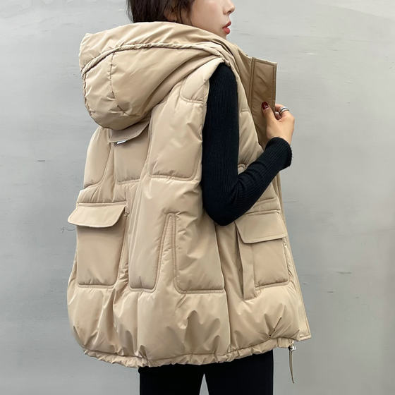 Loose large size hooded down cotton pama female 2023 autumn and winter new Korean version of the horse clip jacket women's shoulder vest