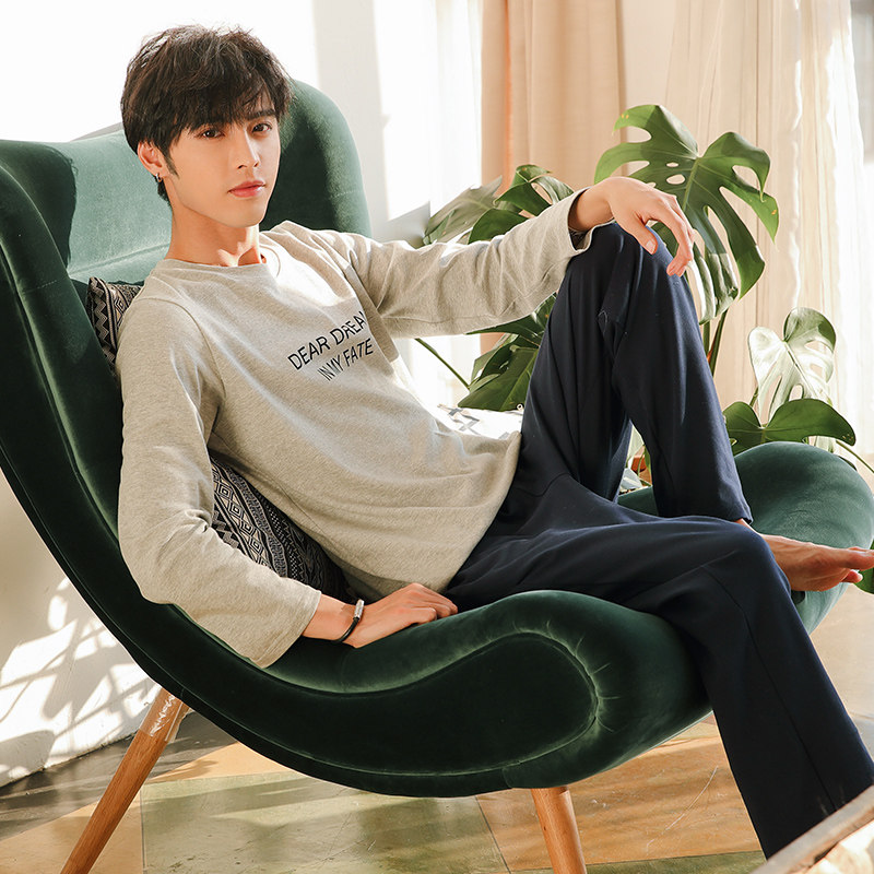 Pure cotton men's sleepwear men's spring and autumn slim fit male style loose round collar cover can be outfitted with men's full cotton home clothes
