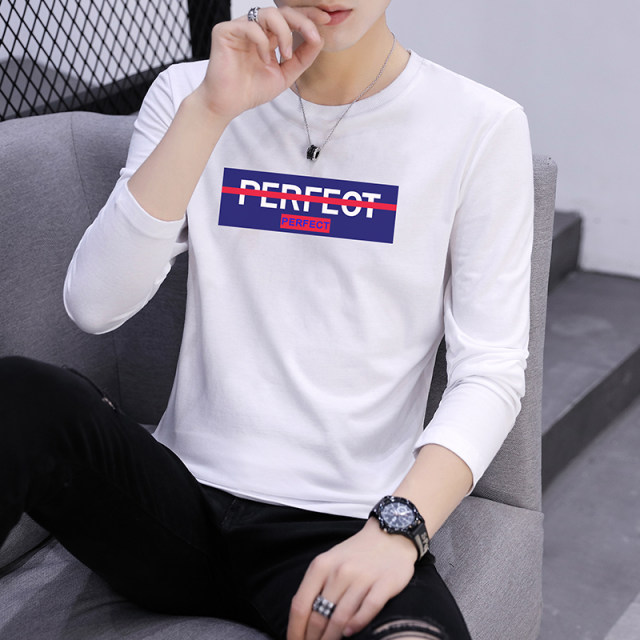 Men's long-sleeved t-shirt trendy men's spring body kilt pure cotton printed tide brand autumn clothes bottoming shirt white top clothes