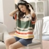Thẻ tình yêu đồ ngủ phụ nữ mùa hè cotton tinh khiết ngắn tay phần mỏng sinh viên Hàn Quốc ký túc xá dễ thương giản dị có thể mặc đồ ở nhà - Giống cái