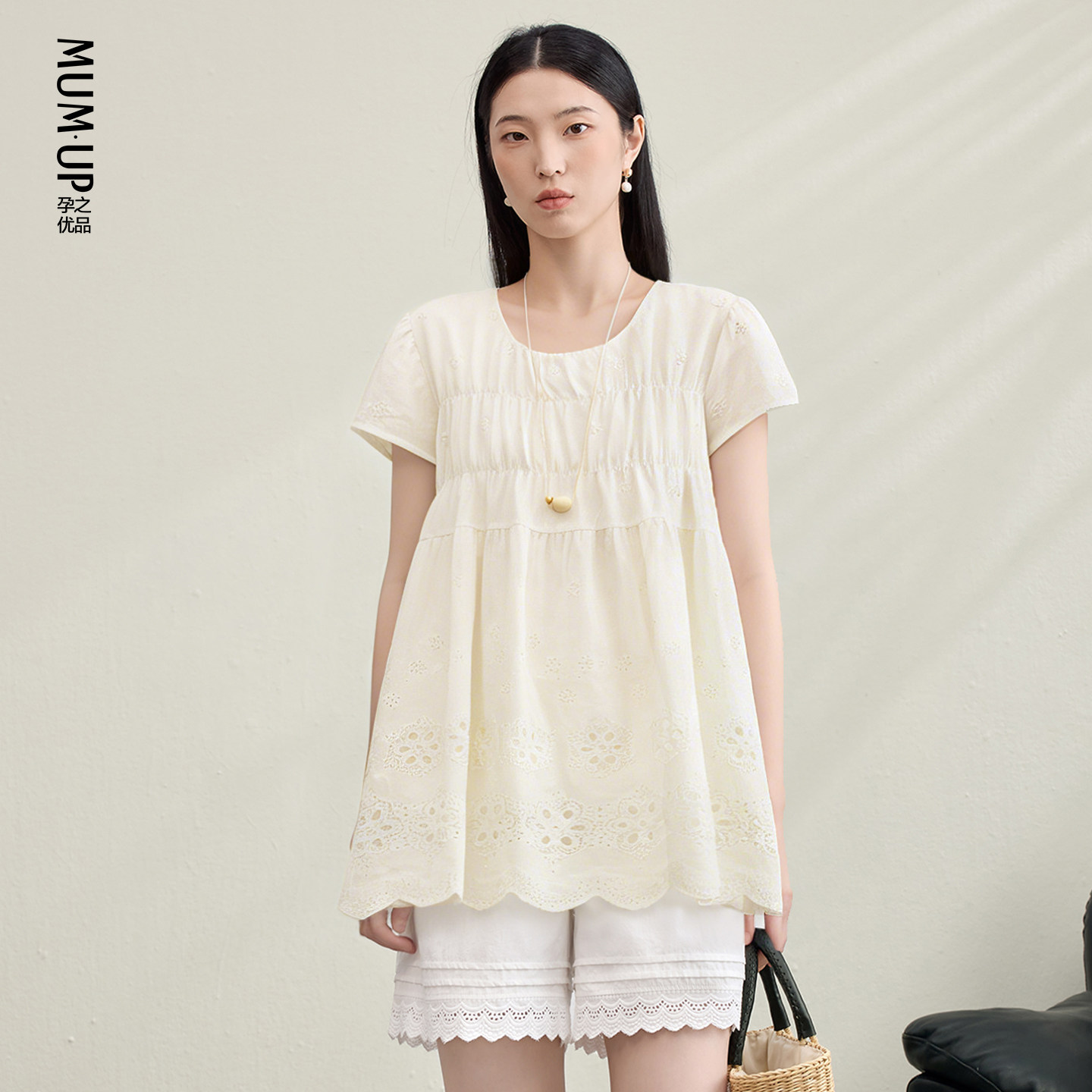 Pregnancy Premium Maternity Doll Shirt Summer Fashion Hollow Embroidery Belly Covering Elegant Top A-Line Version Maternity Short Sleeve — 1