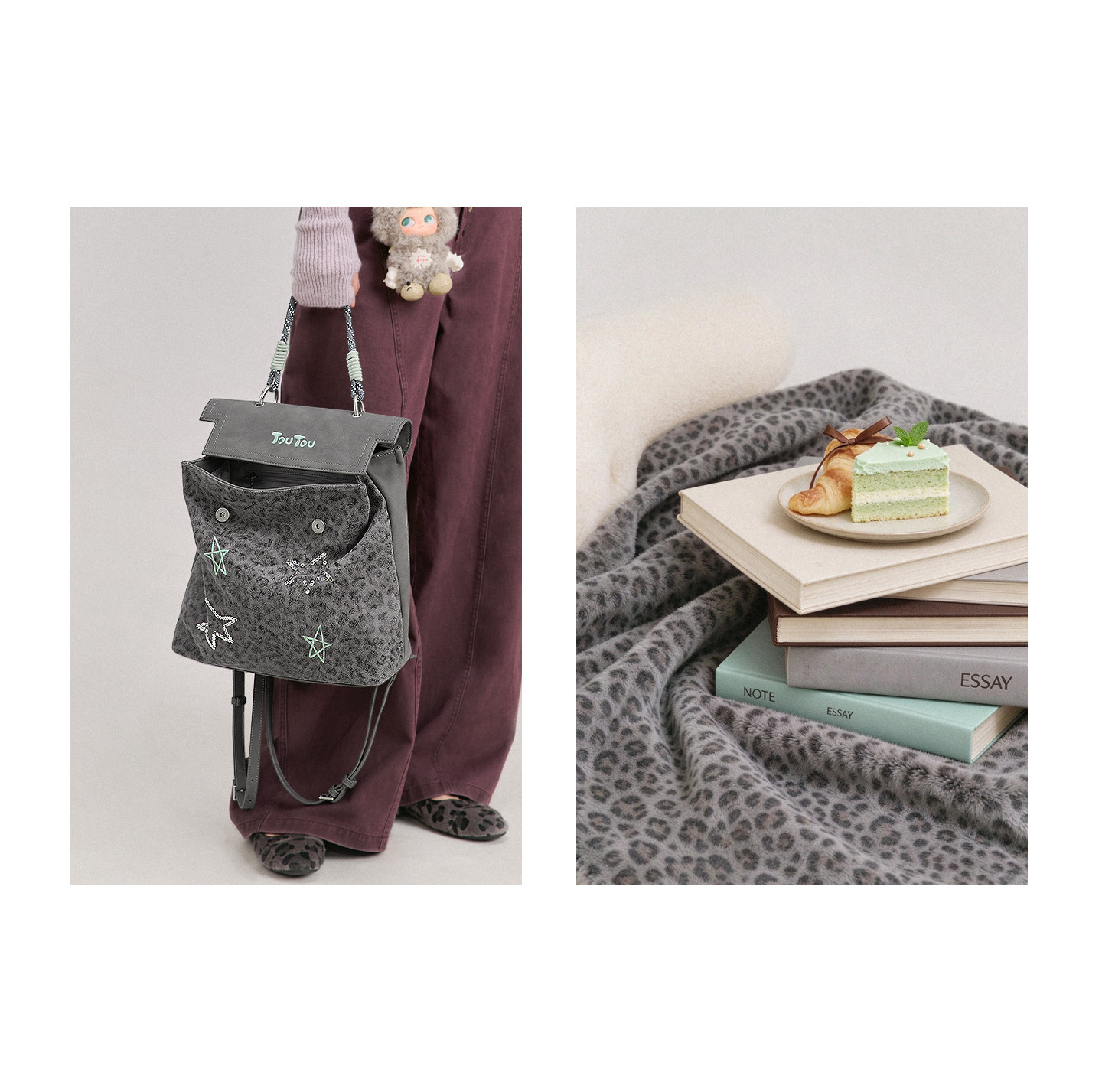 TOUTOU nut Grey Leopard Print Backpack