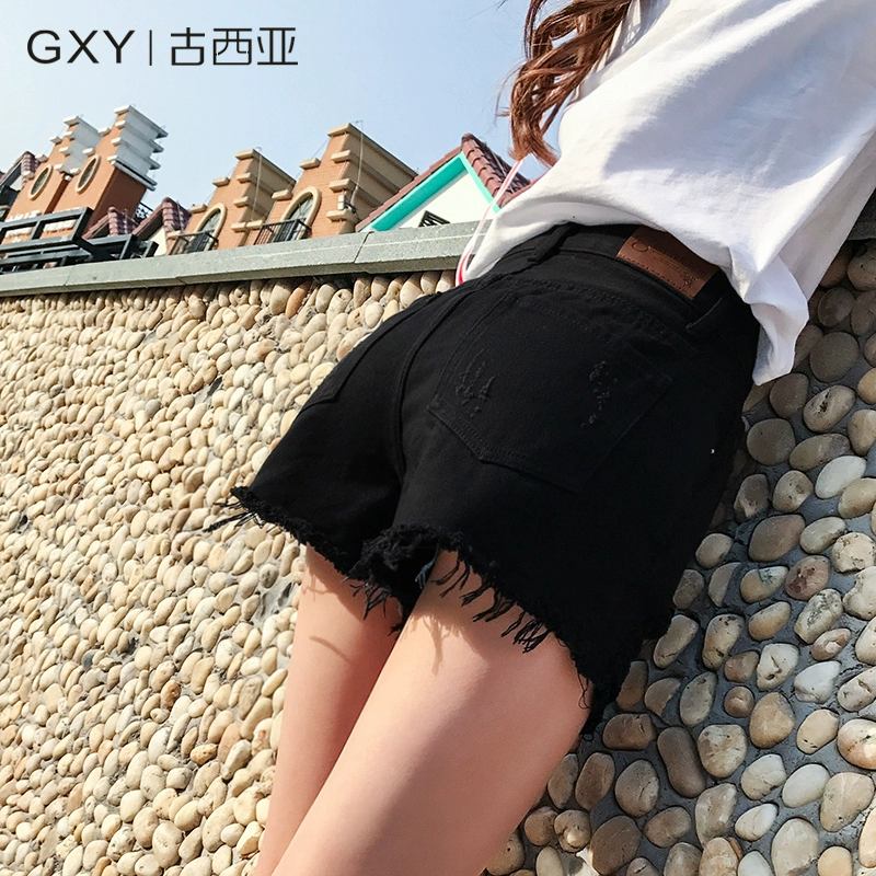 Quần short denim nữ màu đen hè 2020 mới khoét thẳng phiên bản Hàn Quốc mỏng và rộng ống rộng chân lưới màu đỏ nóng bỏng - Quần jean