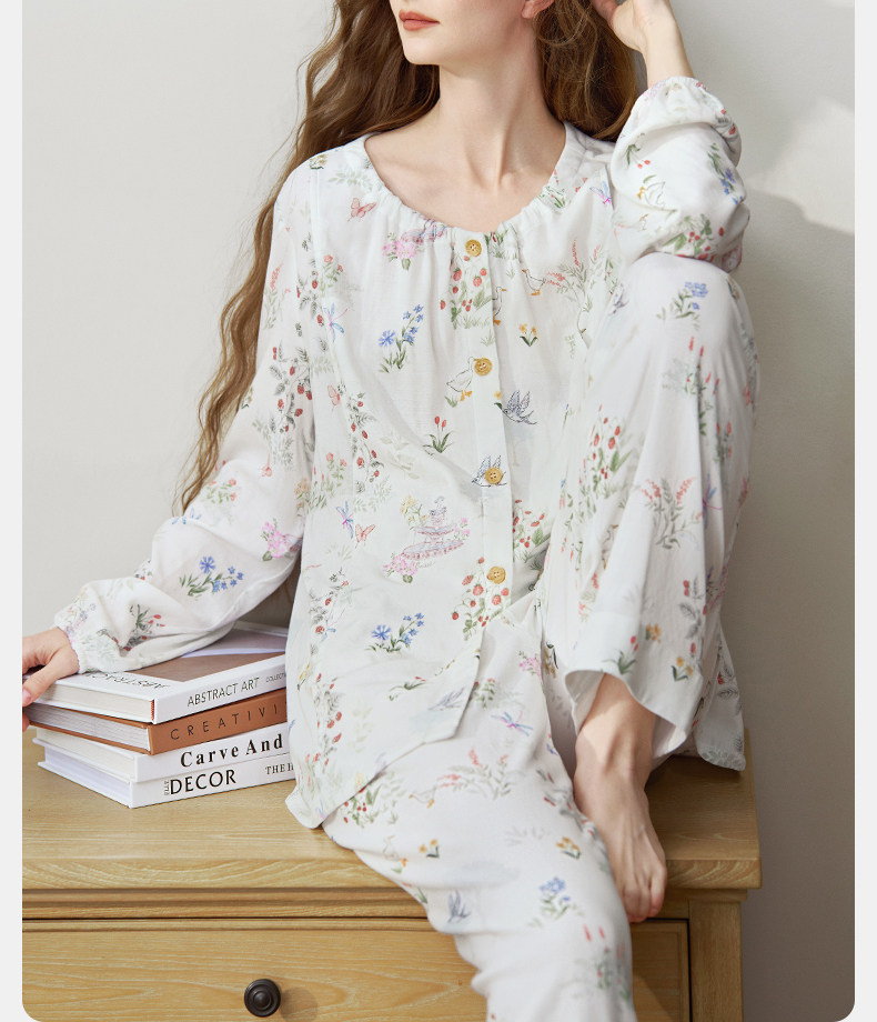 嫚熙秋冬季孕妇哺乳睡衣弹力丝麻棉浅草曼波产后月子服家居服套装 — 23