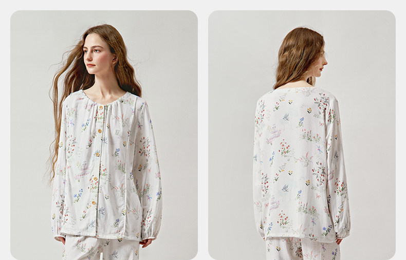 嫚熙秋冬季孕妇哺乳睡衣弹力丝麻棉浅草曼波产后月子服家居服套装 — 47