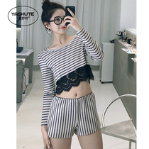 Pajamas women summer thin cotton crew neck short lace sweet stripes can wear home clothes two-piece suit