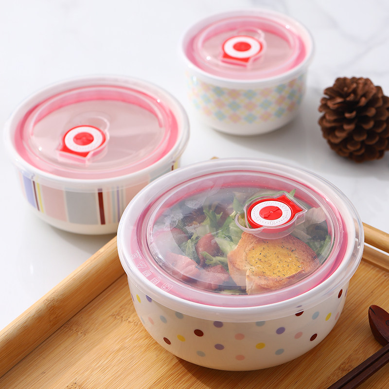 Fresh-keeping bowl ceramic with lid instant noodle bowl microwave oven special bowl three-piece porcelain bowl household lunch box set lunch box