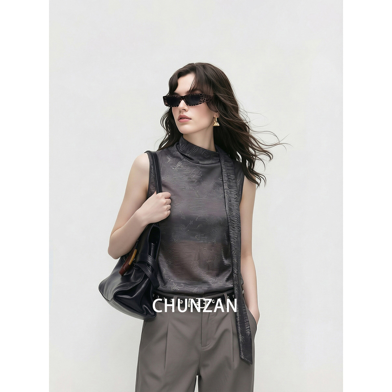 Minimalist Style Sleeveless High-Neck Tie Shirt for Women, 2026 Summer New Model, Elegant Slim-Fit Design, Commuter Vest Top