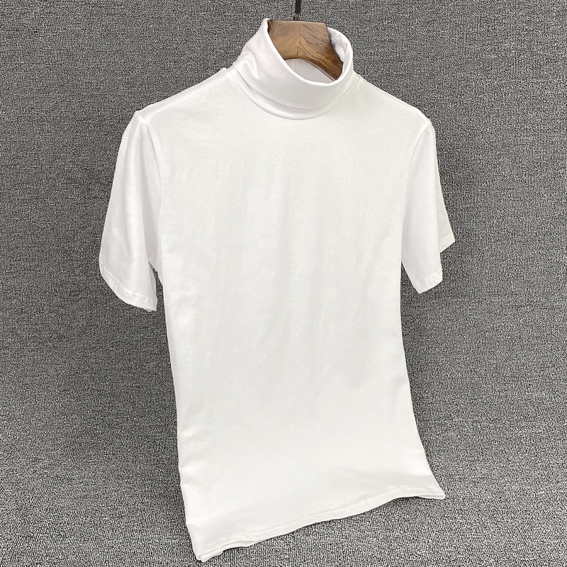 Autumn and Winter Classic Men's Turtleneck T-Shirt, Pure Cotton, Stretchy, Korean Style Short-Sleeved, Comfortable and Breathable White Base Shirt for Men
