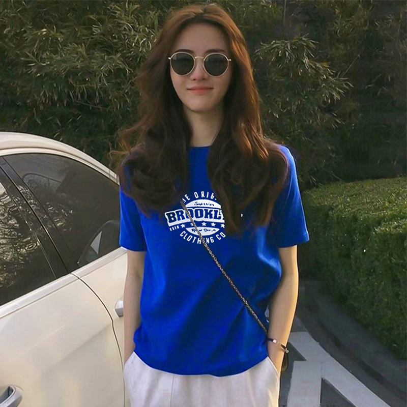 European Style White Klein Blue High-End T-Shirt New 2026 Short-Sleeve Letter Print Loose Top