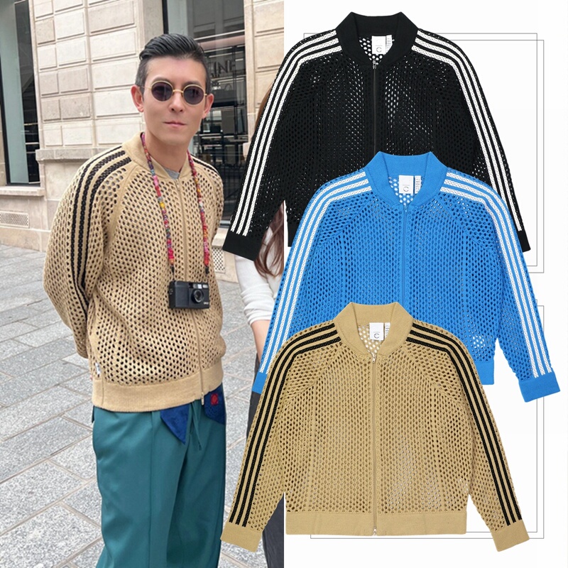 Edison Chen's Same Style Co-Branded Hollow Sweater for Men, American Style Three-Stripe Mesh Stand-Up Collar Knitted Zip-Up Cardigan Jacket