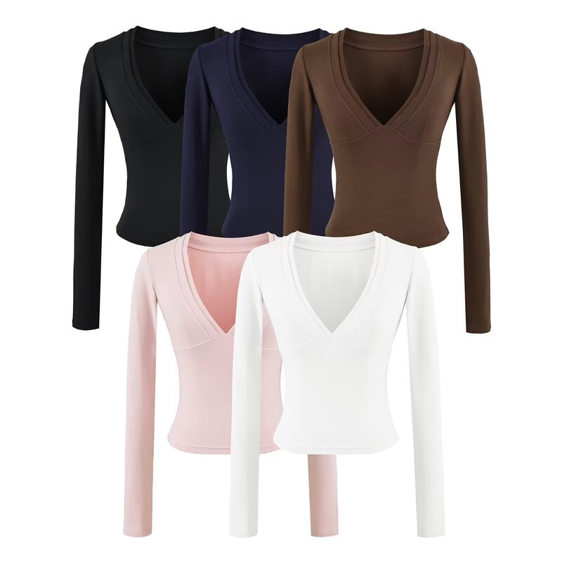 Xiaoyan Ran European and American Style New Women's Clothing Sexy Double-Layer Deep V-Neck Low-Cut Long-Sleeve T-Shirt Elastic Slimming Base Shirt Xiaoyan Ran European and American Style New Women's Clothing Sexy Double-Layer Deep V-Neck Low-Cut Long-Sleeve T-Shirt Elastic Slimming Base Shirt