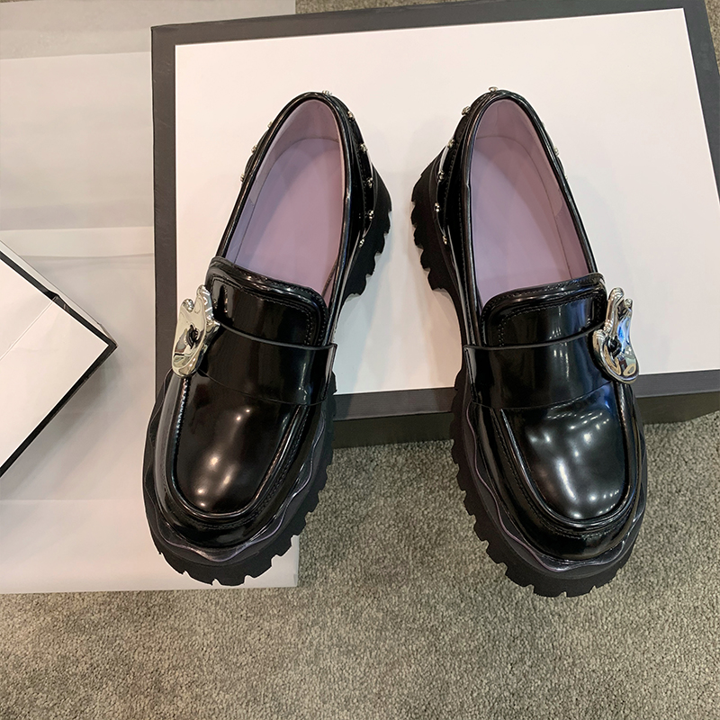 Lin Grand Strangi 2021 Winter New Lefu Shoes Women's Thick Bottom One Foot Pedal Retro Inglén Small Leather Leather Shoes Leather Single Shoes 