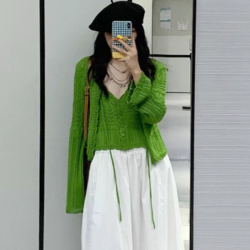 2025 Early Spring Outfit, Small Chanel-Style Suit, Crochet Hollow-Out Knit Cardigan Jacket, Short Camisole Two-Piece Set