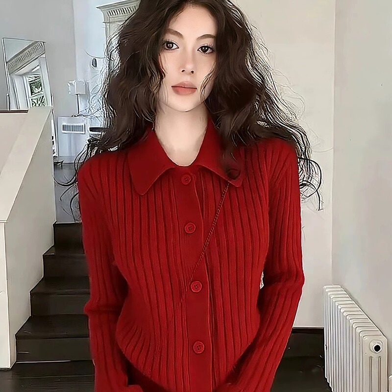 Chic Lapel Design Knitted Cardigan for Women, Versatile Short Polo Collar Sweater, Long-Sleeved Jacket for Autumn and Winter