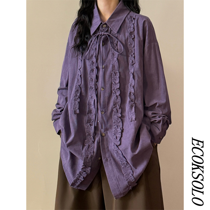Ecoksolo Autumn American-Style Corduroy Solid Color Simple Pleated Loose Casual Versatile Long-Sleeve Shirt Top for Women