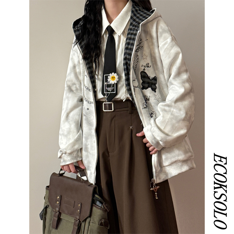 Ecoksolo Autumn New Cross Pattern Light Butterfly Print Cardigan Sweatshirt Sweet Cool Cat Ear Hooded Jacket for Women Ecoksolo Autumn New Cross Pattern Light Butterfly Print Cardigan Sweatshirt Sweet Cool Cat Ear Hooded Jacket for Women