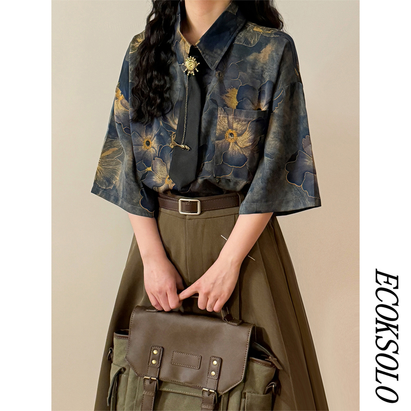 Ecoksolo Summer American Casual New Chinese Style Vintage Hong Kong Style Printed Shirt Tie Short-Sleeve Top for Women Trendy