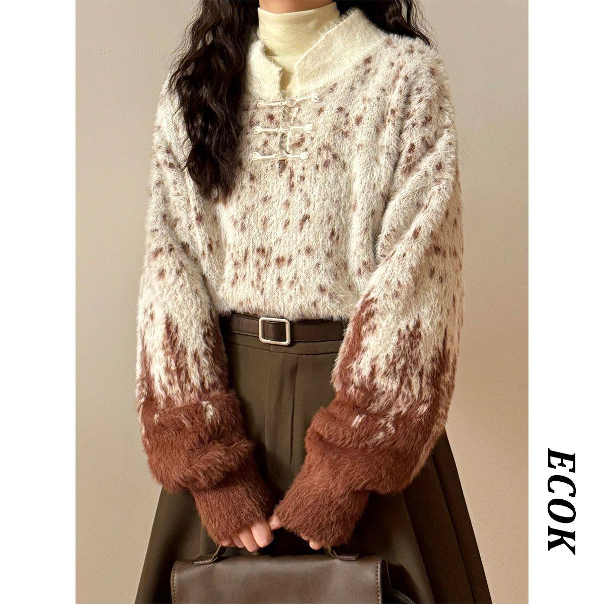 ECOK2026 Spring/Autumn American Retro Loose-fitting Lazy Style Chinese-style Button Gradient Design Knit Sweater for Women