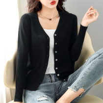 Knitted Cardigan Womens 2021 New Spring and Autumn Thin Sweater Jacket Jacket Early Autumn Outside V-neck Black Joker