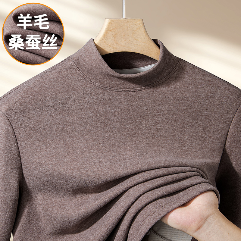 Wool mulberry silk semi-high neckline undershirt male autumn winter double face suede long sleeve T-shirt thickened warm inner hitch collar-Taobao