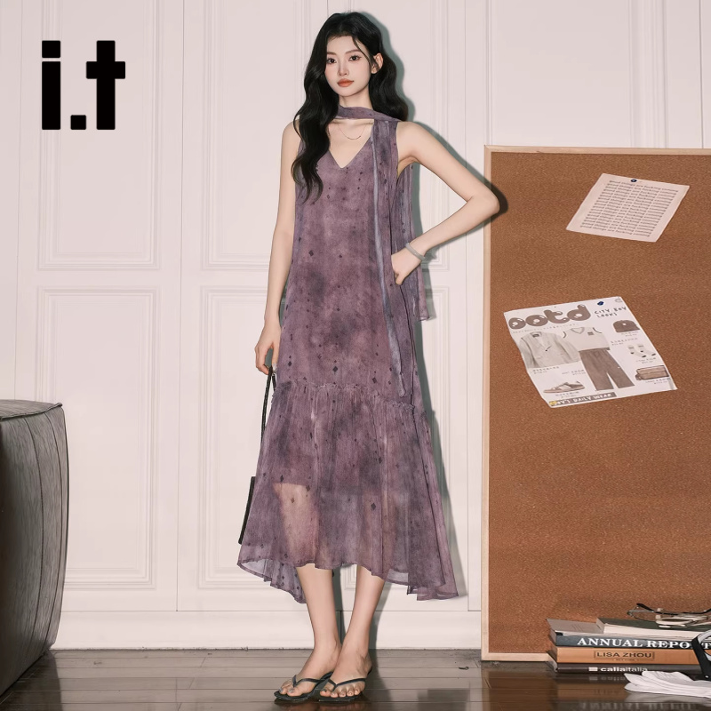 It:Chocoolate Atmosphere ins Purple Vest Dress Women's French V-Neck Ribbon Floral Long Dress