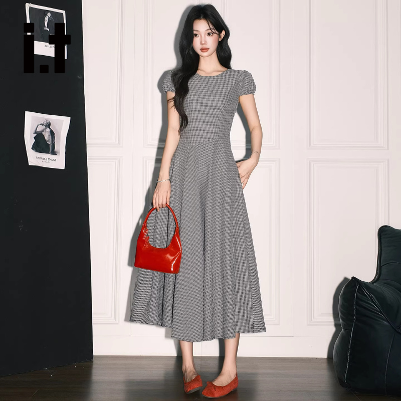 It:Chocoolate Color-Blocked Plaid Puff Short-Sleeve Dress for Women, French Retro A-Line Waist-Cinching Elegant Long Dress It:Chocoolate Color-Blocked Plaid Puff Short-Sleeve Dress for Women, French Retro A-Line Waist-Cinching Elegant Long Dress
