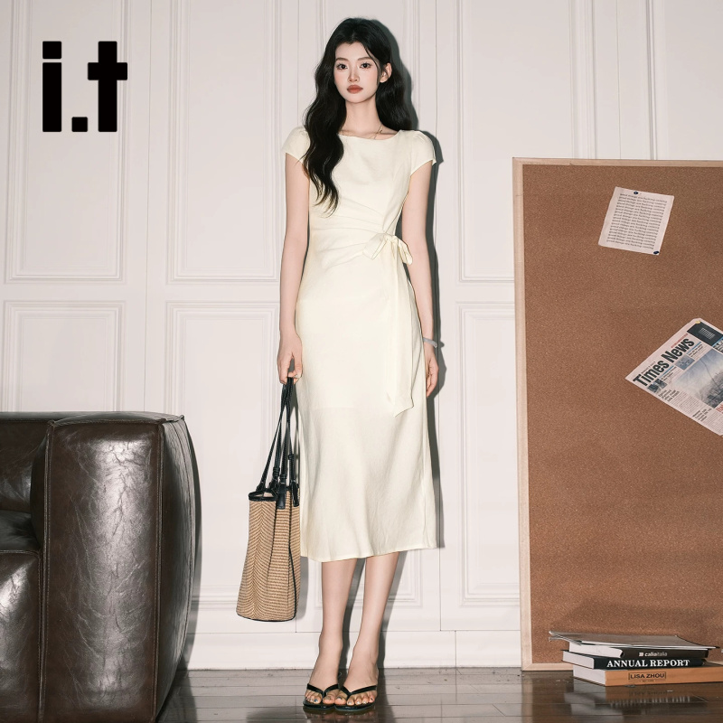 It:Chocoolate Gentle Apricot Color Back Slit Short-Sleeved Dress for Women, French Style Waist-Cinching Tie A-Line Long Skirt