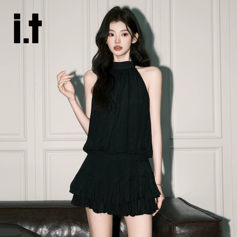 It:Chocoolate Mature Style Black Halter Neck Dress for Women, New Korean Style A-Line Slimming Cake Short Skirt