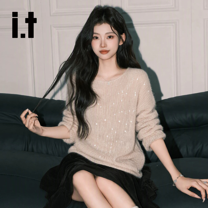 It:Chocoolate Small Fragrance Style Apricot Round Neck Knitted Sweater for Women with Unique Sparkling Sequins ins Long-Sleeved Top