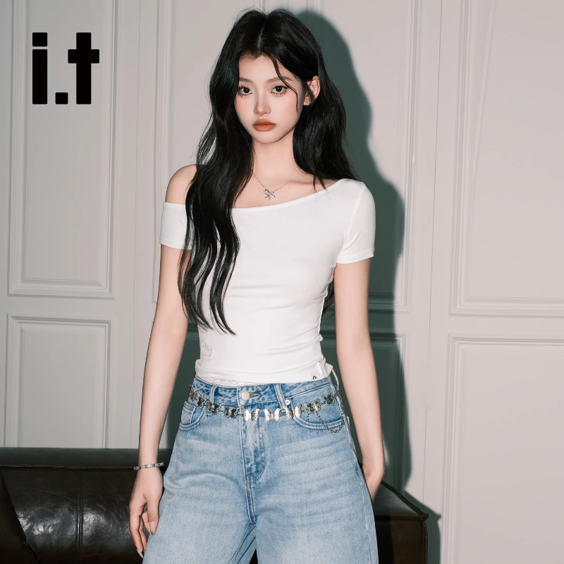 It:Chocoolate Casual White Off-Shoulder Short-Sleeve T-Shirt for Women, Summer American Style Slim-Fit Waist-Cinching Top, Unique Blouse It:Chocoolate Casual White Off-Shoulder Short-Sleeve T-Shirt for Women, Summer American Style Slim-Fit Waist-Cinching Top, Unique Blouse