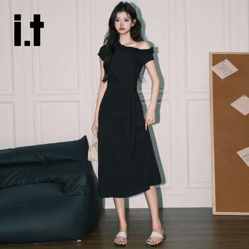It:Chocoolate Hepburn-Style Black Off-Shoulder Short-Sleeve Dress for Women, French-Style Ruffled Waist-Cinching A-Line Long Dress It:Chocoolate Hepburn-Style Black Off-Shoulder Short-Sleeve Dress for Women, French-Style Ruffled Waist-Cinching A-Line Long Dress
