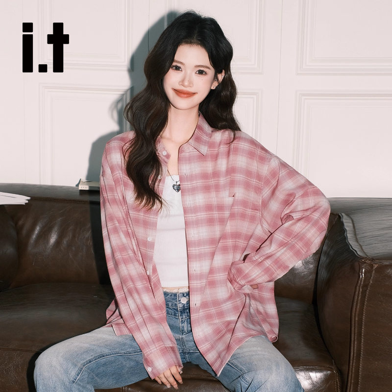 It:Chocoolate Lazy Pink Plaid Chic Shirt for Women Autumn Vintage Loose Long Sleeve Casual Top