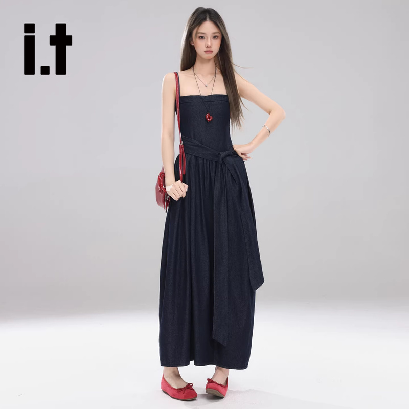 Chocoolate Retro Original Color Dark Blue Waist-Cinching Suspender Dress for Women Unique Tie-Up A-Line Denim Long Dress