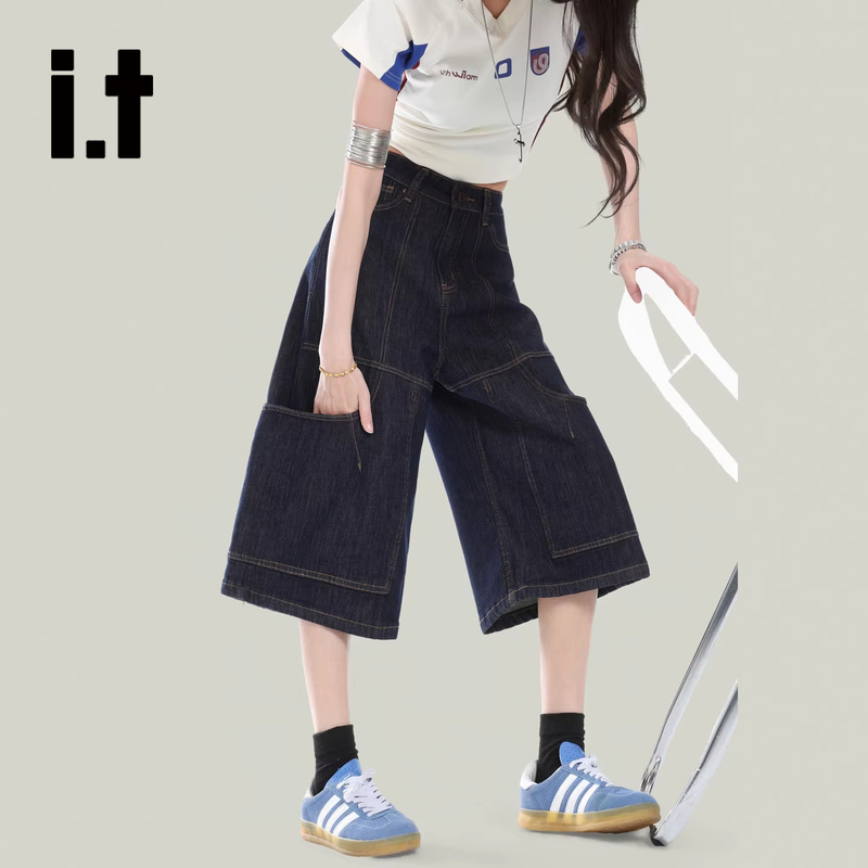 It:Chocoolate Stylish Dark Blue Wide-Leg Denim Capri Pants for Women, High-Waisted Workwear Loose Straight Mid-Length Pants