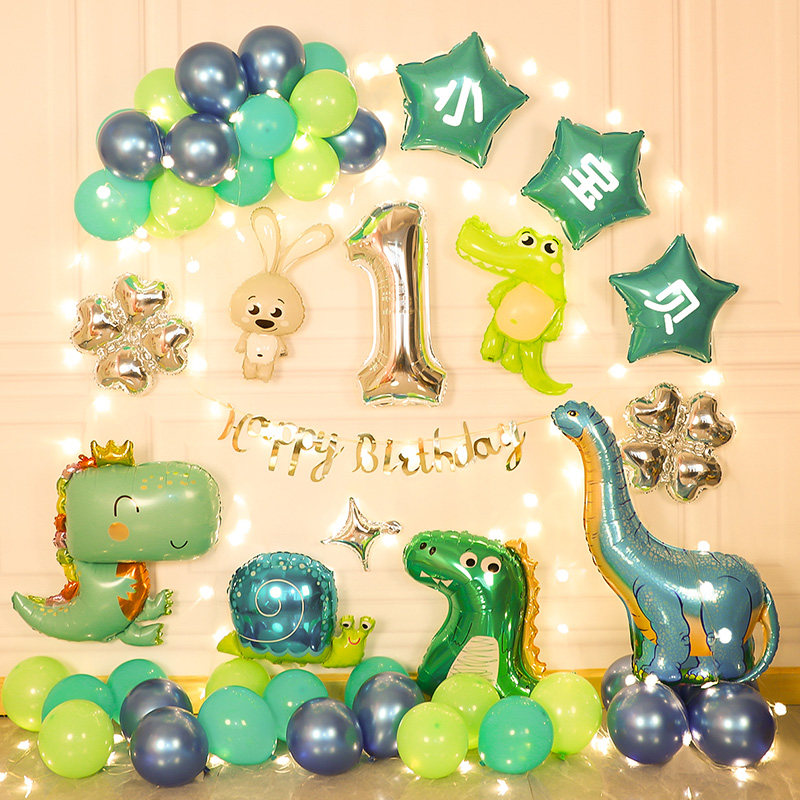 Children's one-year-old dinosaur theme party balloon decorations boy girl baby birthday scene layout background wall