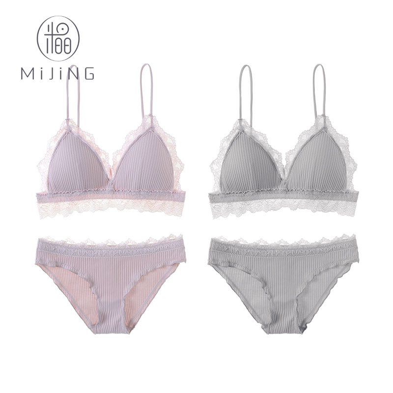 bralette Pháp mỏng girlling không vòng thép ren thiết lập ngực nhỏ giao phẳng sexy đồ lót